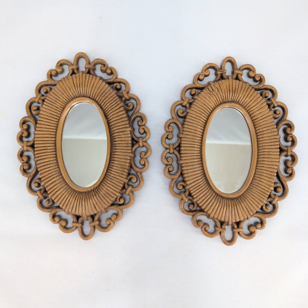 vtg Syroco Homco Wall Mirror Set Brown Faux Wood Scroll Oval Small Pair 2615